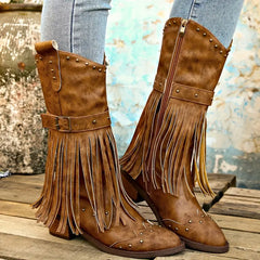 Stylish Brown Cowgirl Boots for Women with Fringe Tassel Studded Buckle Block Heel Western Style
