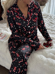 Cozy Black Candy Cane Print Christmas Pajamas for Women with Notch Collar Long Sleeve Ruffle Trim Relaxed Style