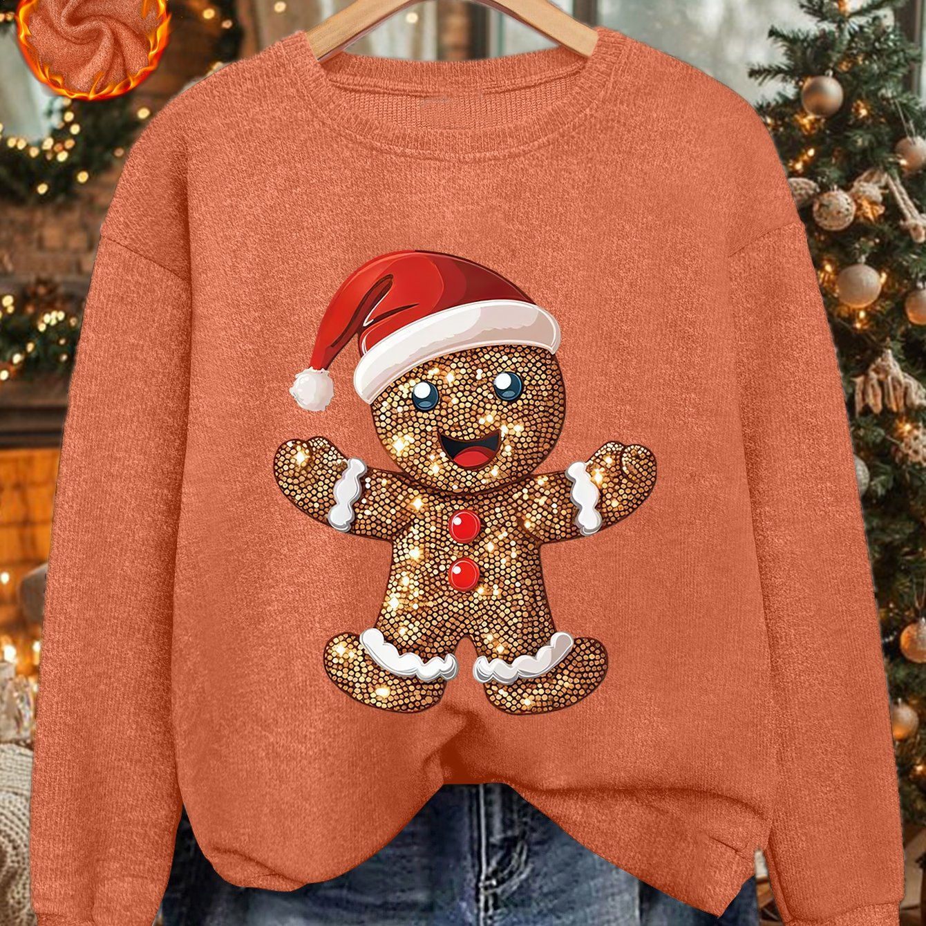Comfortable Gingerbread Print Christmas Tacky Sweater for Women with Crew Neck Long Sleeve Sequin Graphic Pullover Style