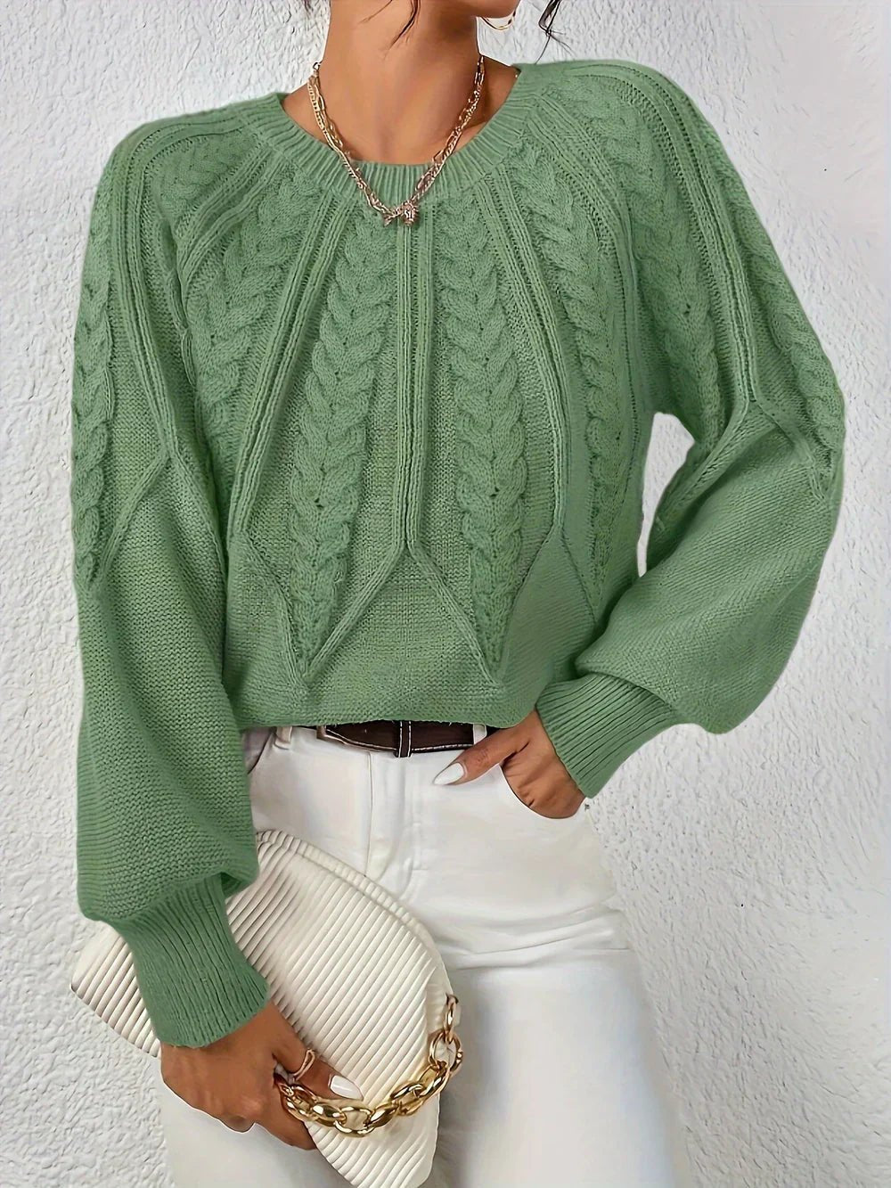 Cozy Cable Knit Sweater for Women with V Neck Balloon Sleeve Chunky Relaxed Pullover Style