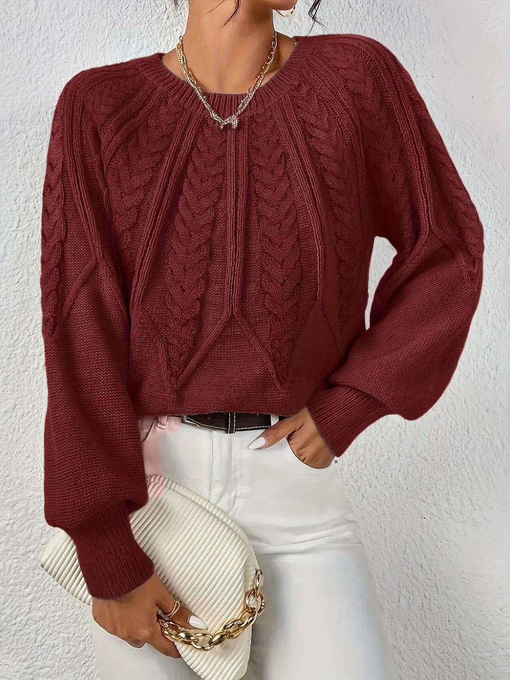Cozy Cable Knit Sweater for Women with V Neck Balloon Sleeve Chunky Relaxed Pullover Style