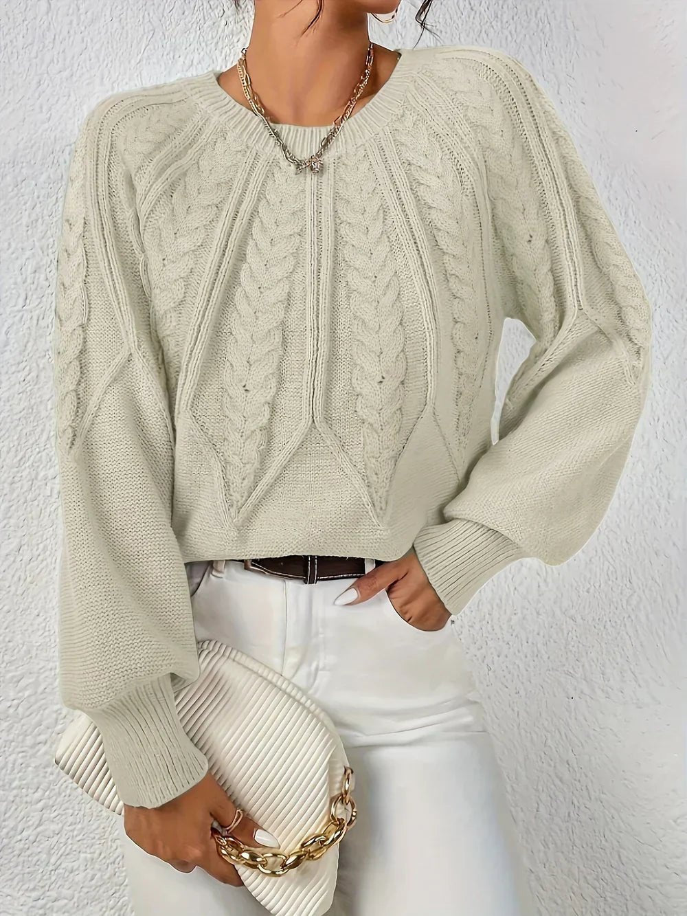 Cozy Cable Knit Sweater for Women with V Neck Balloon Sleeve Chunky Relaxed Pullover Style