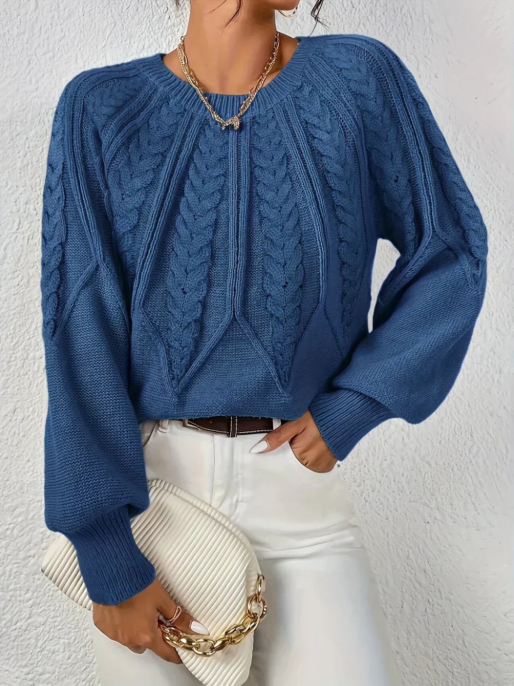 Cozy Cable Knit Sweater for Women with V Neck Balloon Sleeve Chunky Relaxed Pullover Style