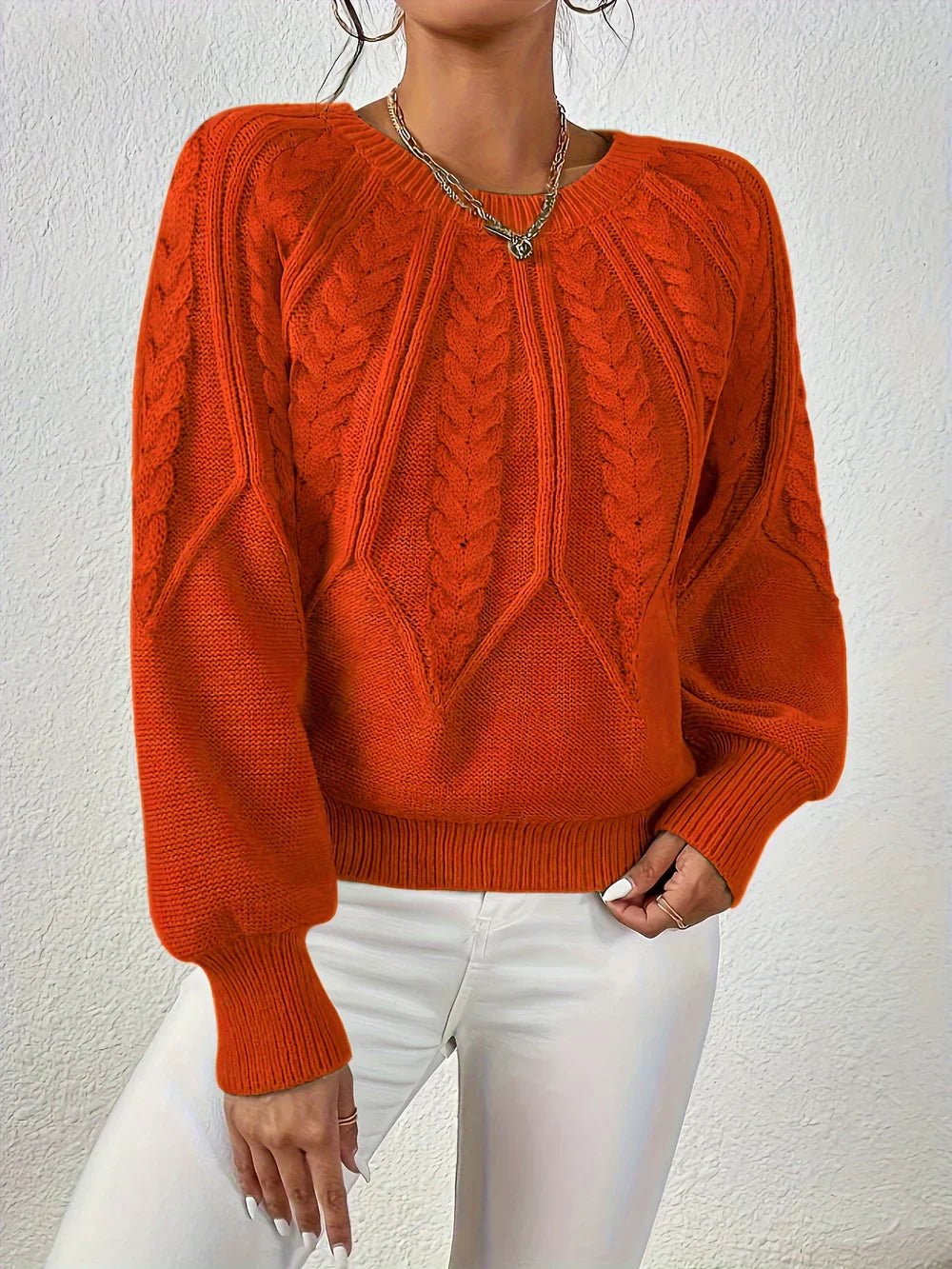 Cozy Cable Knit Sweater for Women with V Neck Balloon Sleeve Chunky Relaxed Pullover Style