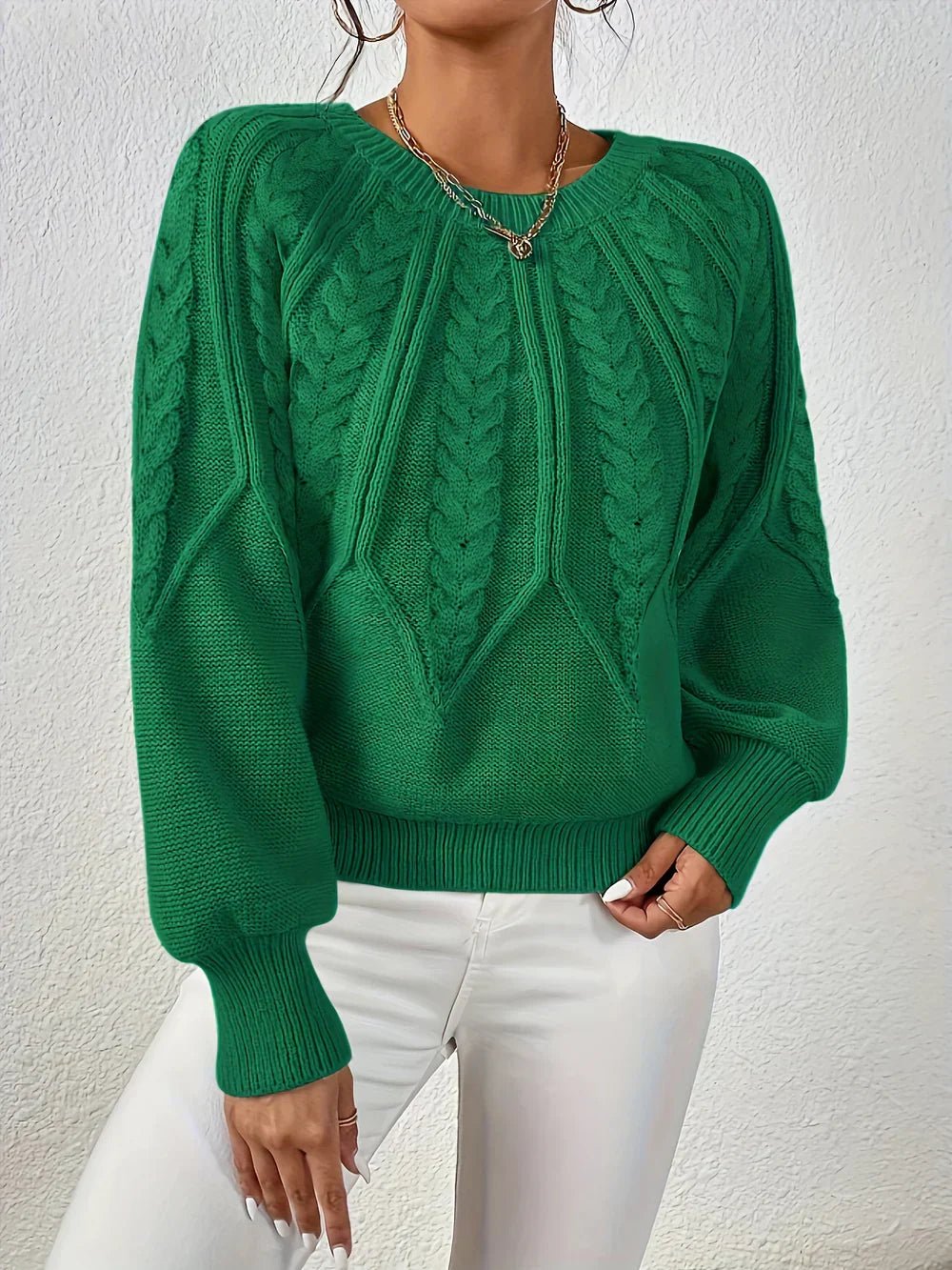 Cozy Cable Knit Sweater for Women with V Neck Balloon Sleeve Chunky Relaxed Pullover Style