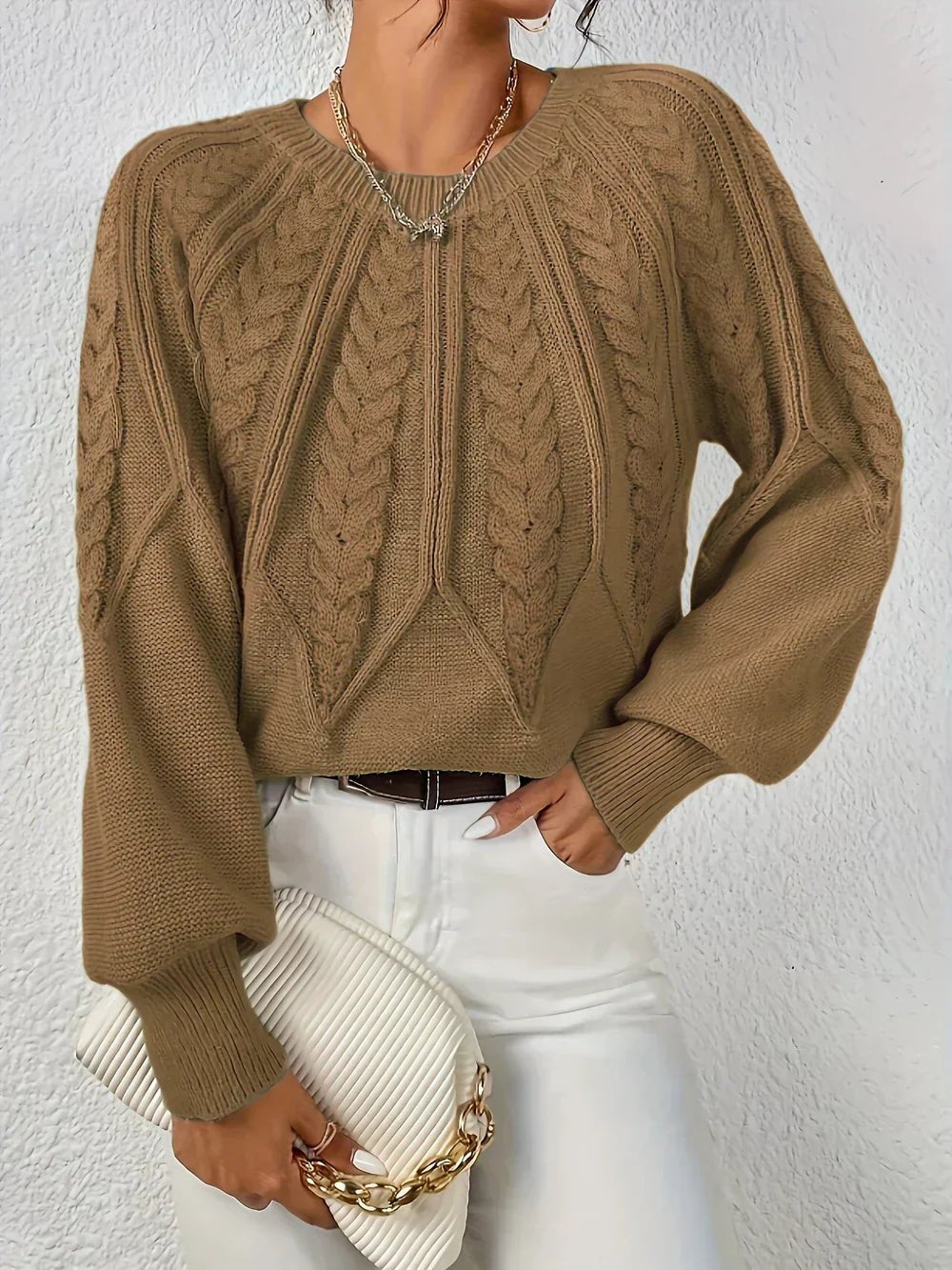 Cozy Cable Knit Sweater for Women with V Neck Balloon Sleeve Chunky Relaxed Pullover Style