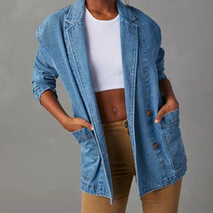 Effortless Blue Denim Jacket for Women with Lapel Collar Long Sleeve Relaxed Open Front Casual Style