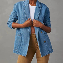 Effortless Blue Denim Jacket for Women with Lapel Collar Long Sleeve Relaxed Open Front Casual Style