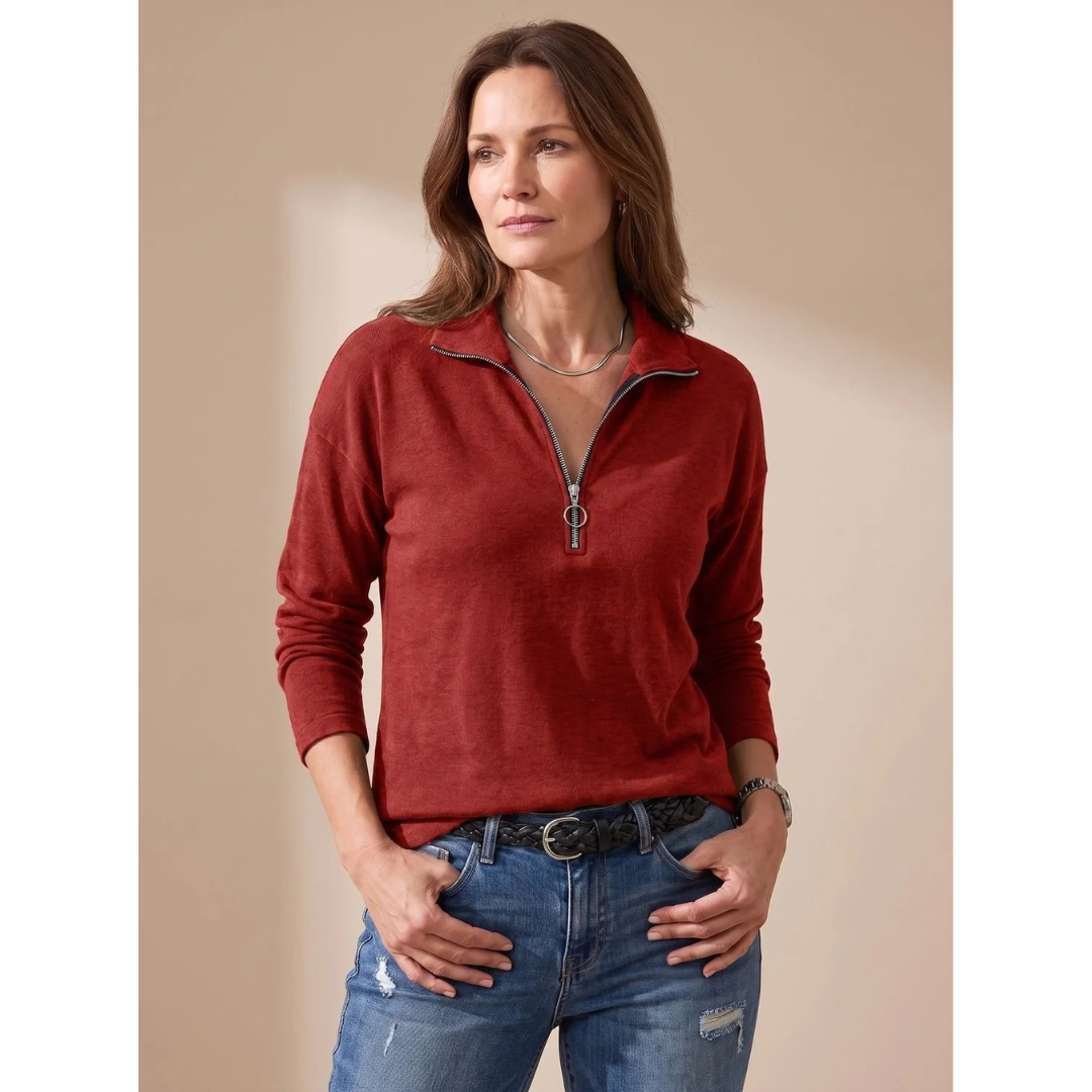 Cozy Collared Quarter-Zip Knit Sweater for Women with Johnny Collar Long Sleeve Fine Knit Pullover Style