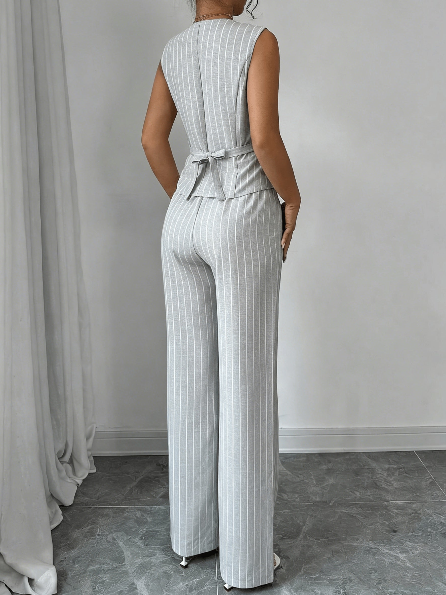Elegant Grey Pinstripe Chino Pants Two Piece Set for Women with V Neck Button Front Vest Formal Style