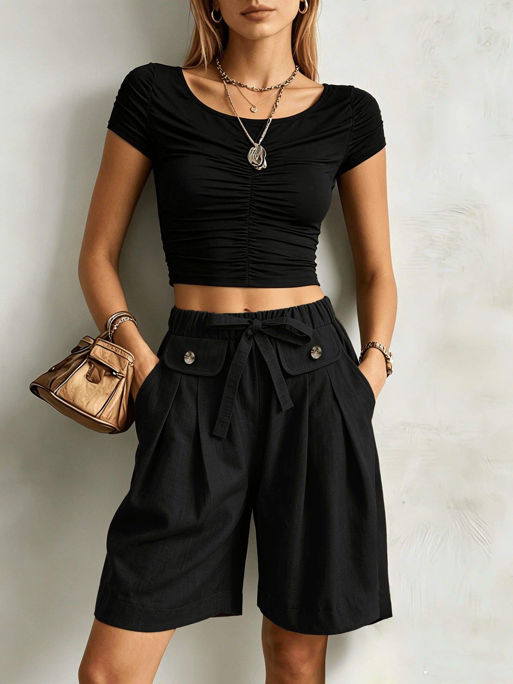 Effortless Wide Leg Bermuda Shorts for Women with High Waist Tie Belt Button Pocket Relaxed Casual Style