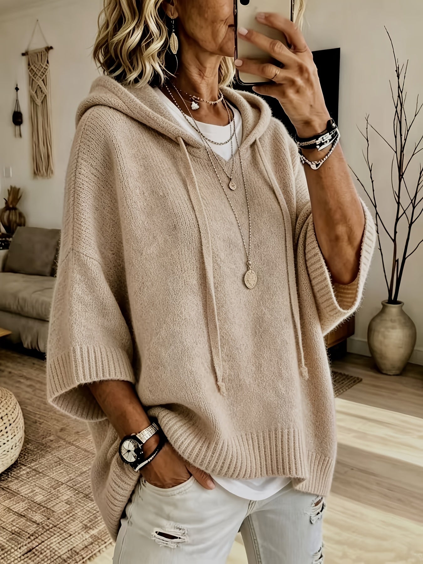 Comfortable Knit Oversized Hoodie for Women with Hooded Neck Half Sleeve Batwing Relaxed Style