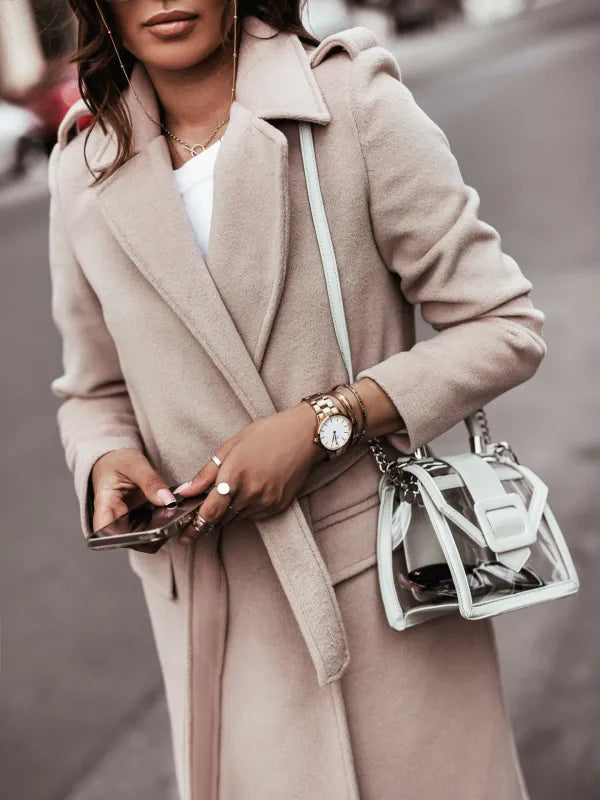 Elegant Belted Wool Winter Coat for Women with Notch Lapel Long Sleeve Tie Waist Flowing Style