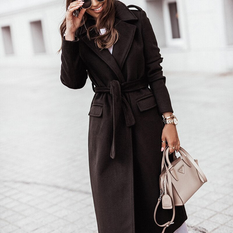 Elegant Belted Wool Winter Coat for Women with Notch Lapel Long Sleeve Tie Waist Flowing Style