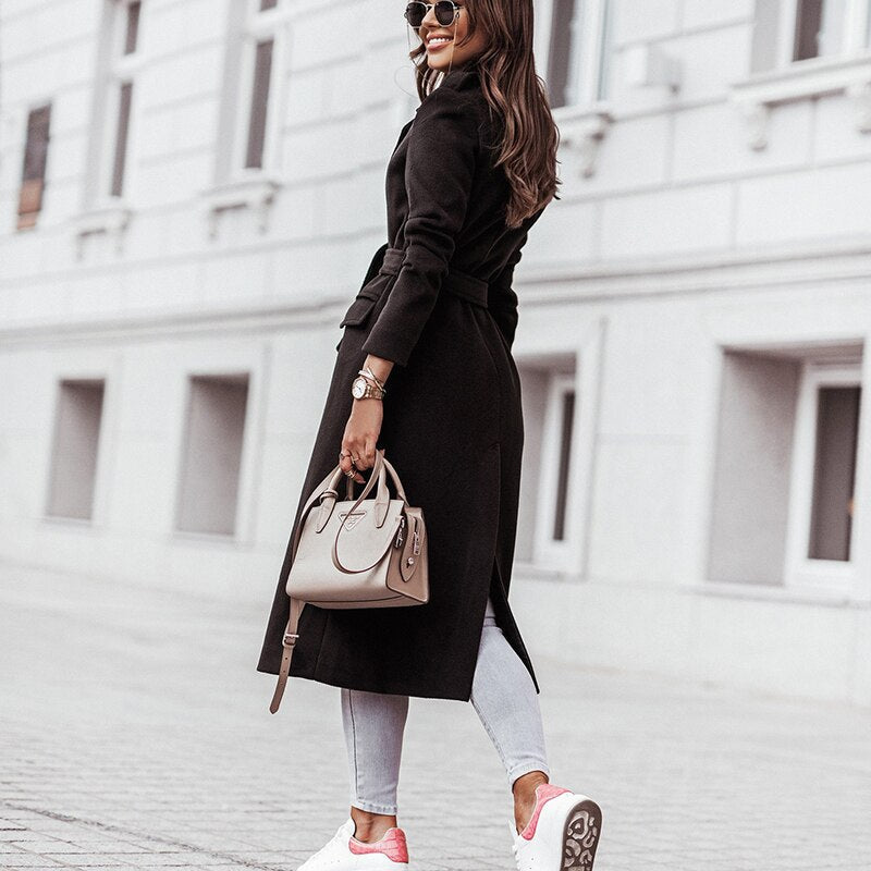 Elegant Belted Wool Winter Coat for Women with Notch Lapel Long Sleeve Tie Waist Flowing Style