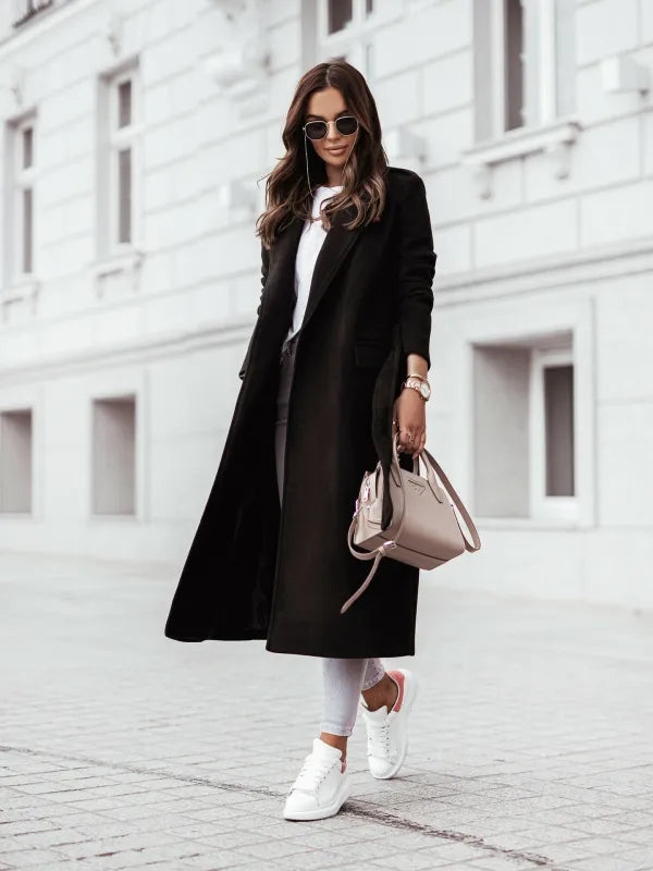 Elegant Belted Wool Winter Coat for Women with Notch Lapel Long Sleeve Tie Waist Flowing Style