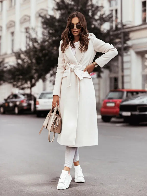 Elegant Belted Wool Winter Coat for Women with Notch Lapel Long Sleeve Tie Waist Flowing Style