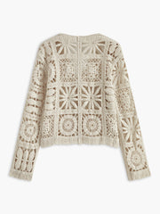 Effortless Beige Crochet Cardigan for Women with V Neck Long Sleeve Button Front Bohemian Style