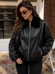 Stylish Black Faux Leather Bomber Jacket for Women with Faux Fur Collar Zip Front Ribbed Trim Moto Style