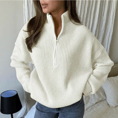 Cozy Ribbed Quarter-Zip Knit Sweater for Women with Stand Collar Long Sleeve Drop Shoulder Pullover Style