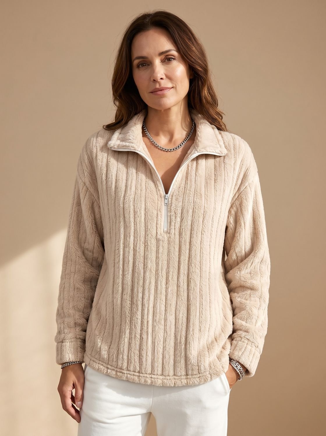Cozy Plush Fleece Quarter-Zip Pullover for Women with Ribbed Texture Collar Long Sleeve Warm Sweater Style