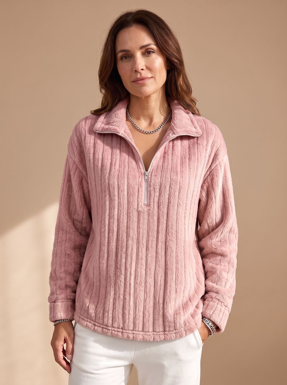 Cozy Plush Fleece Quarter-Zip Pullover for Women with Ribbed Texture Collar Long Sleeve Warm Sweater Style