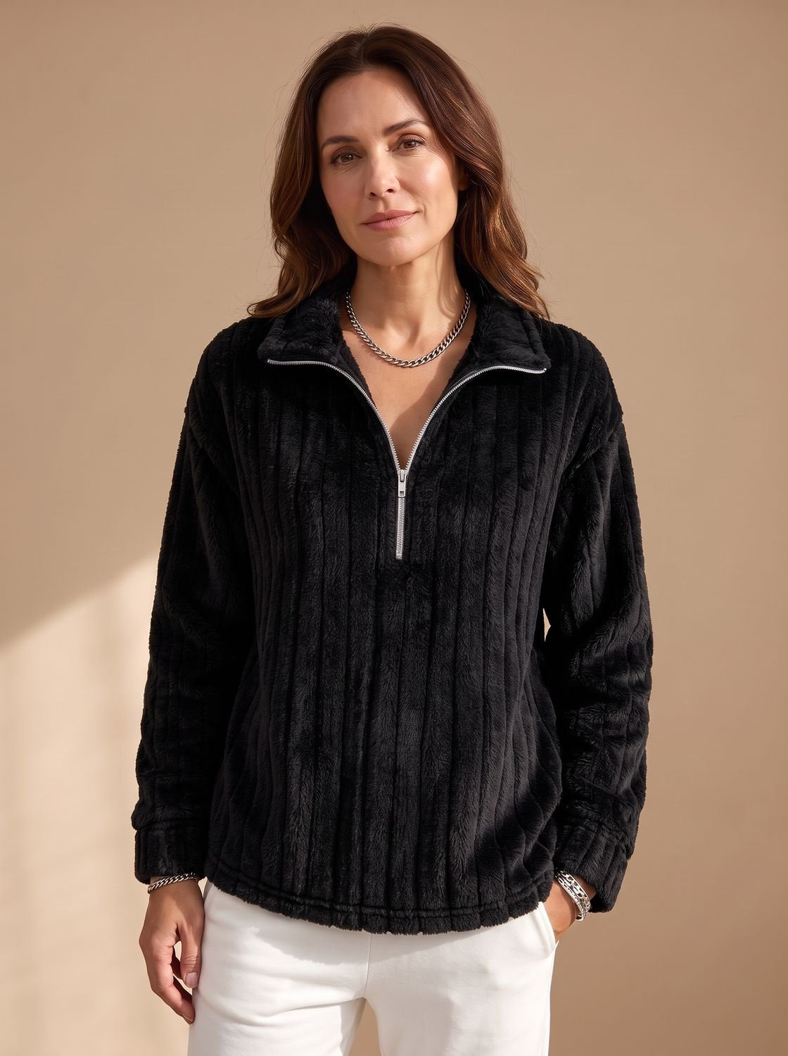 Cozy Plush Fleece Quarter-Zip Pullover for Women with Ribbed Texture Collar Long Sleeve Warm Sweater Style