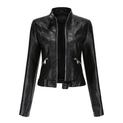 Chic Leather Jacket for Women with Stand Collar Long Sleeve Zip Front Cropped Biker Style