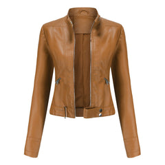 Chic Leather Jacket for Women with Stand Collar Long Sleeve Zip Front Cropped Biker Style