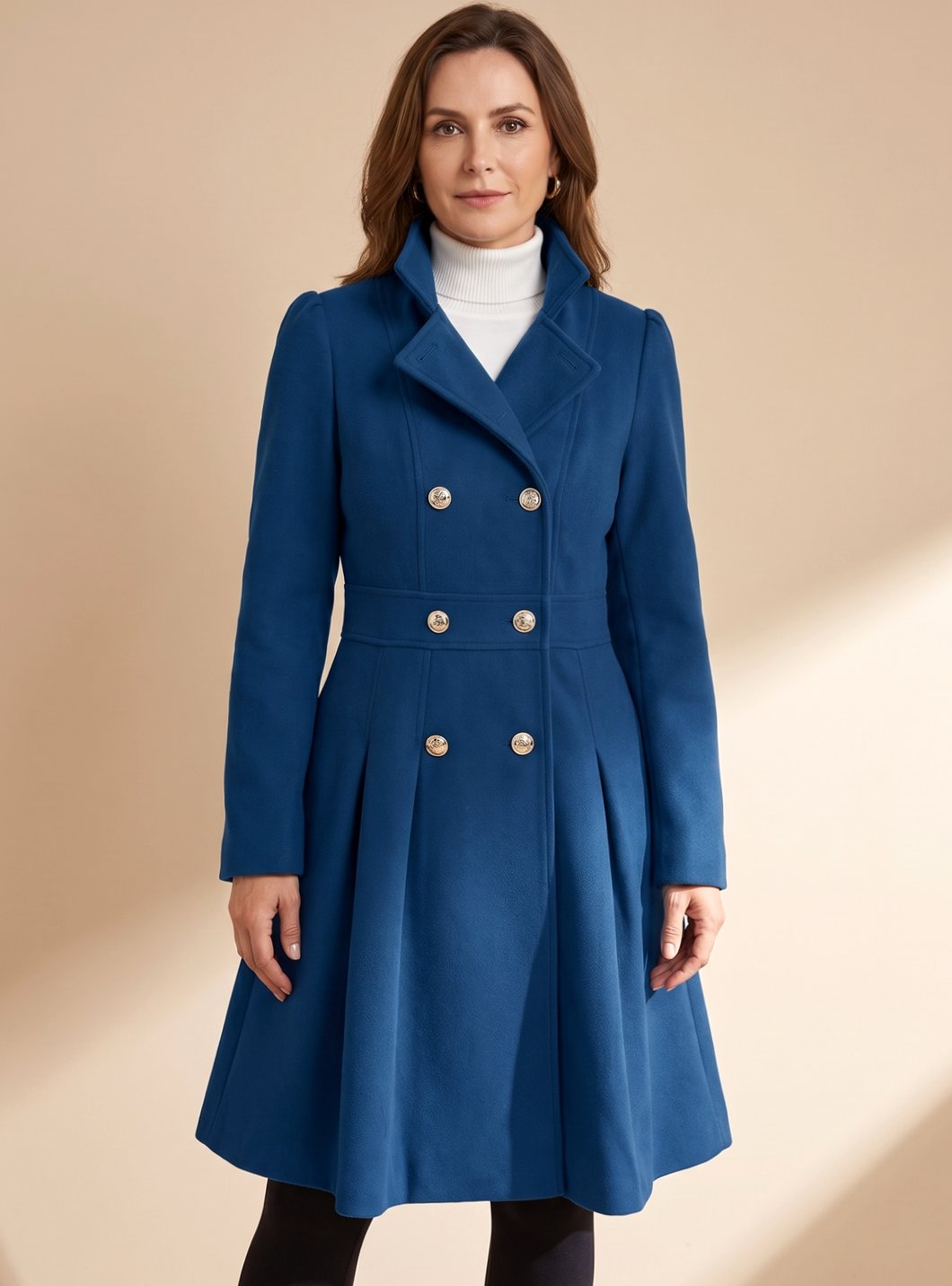 Elegant Wool Winter Trench Coat for Women with Notched Lapel Long Sleeve Double Breasted Fit and Flare Style