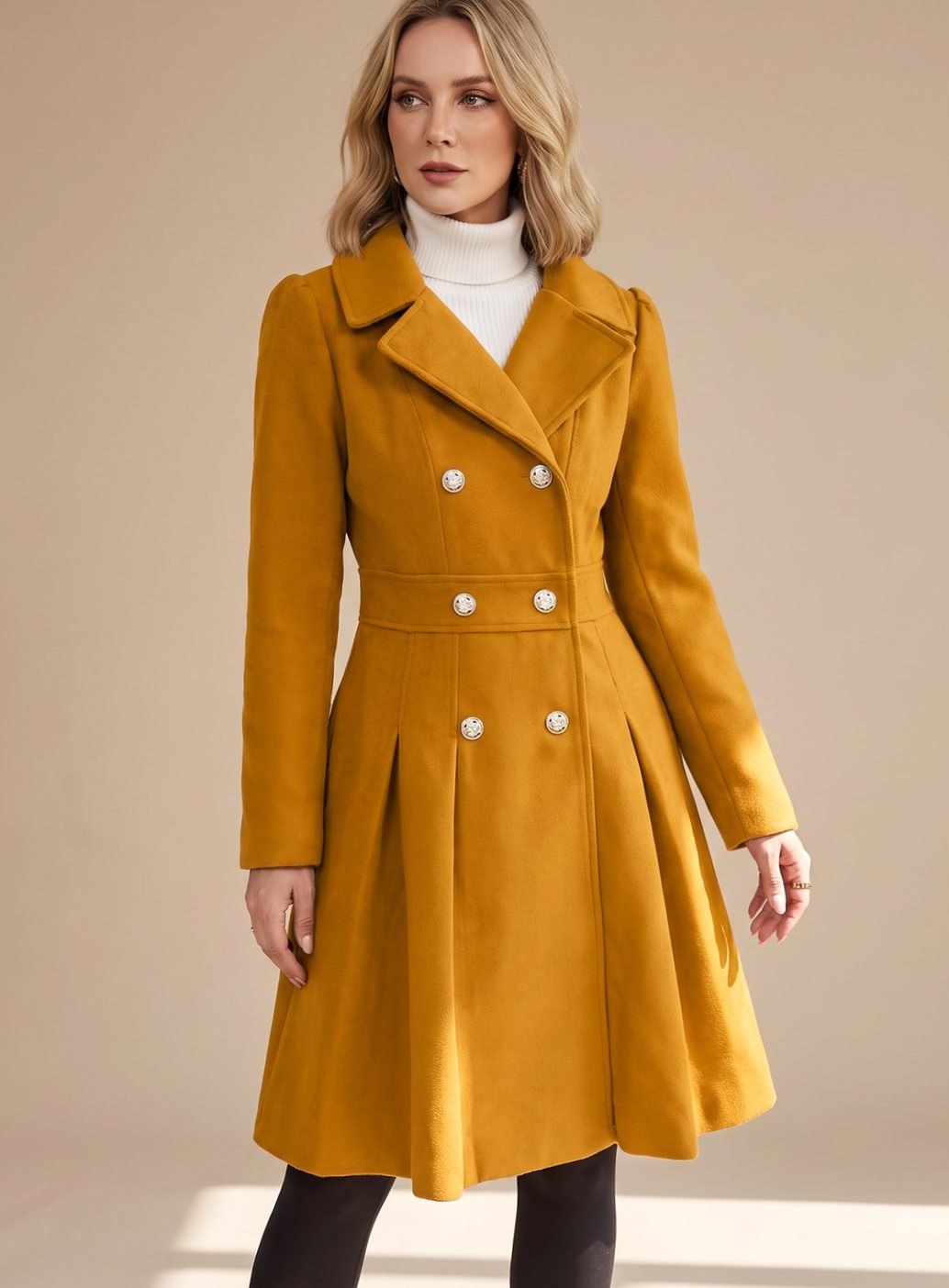 Elegant Wool Winter Trench Coat for Women with Notched Lapel Long Sleeve Double Breasted Fit and Flare Style