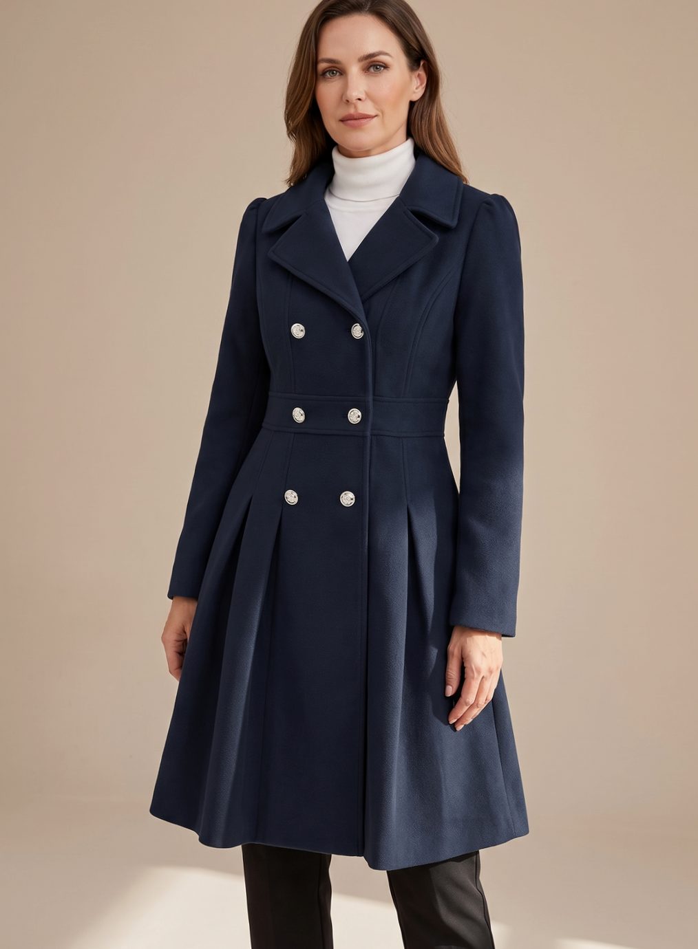 Elegant Wool Winter Trench Coat for Women with Notched Lapel Long Sleeve Double Breasted Fit and Flare Style