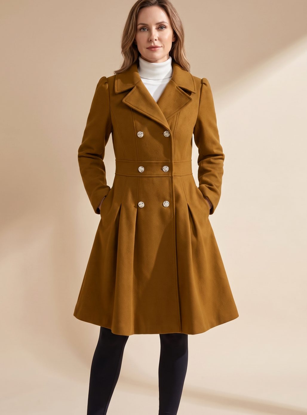 Elegant Wool Winter Trench Coat for Women with Notched Lapel Long Sleeve Double Breasted Fit and Flare Style