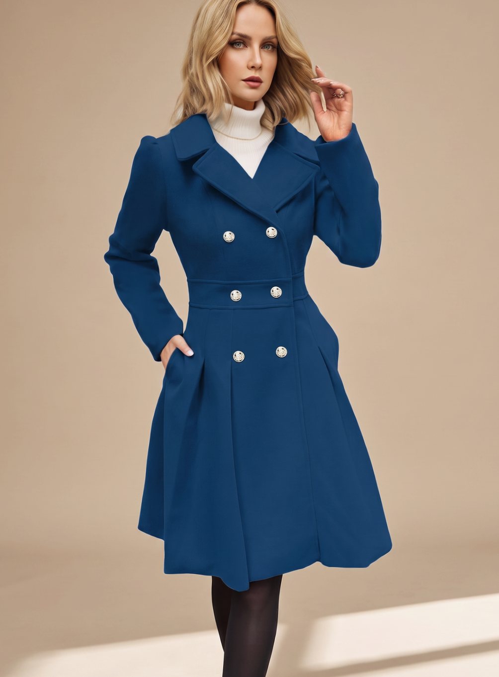 Elegant Wool Winter Trench Coat for Women with Notched Lapel Long Sleeve Double Breasted Fit and Flare Style