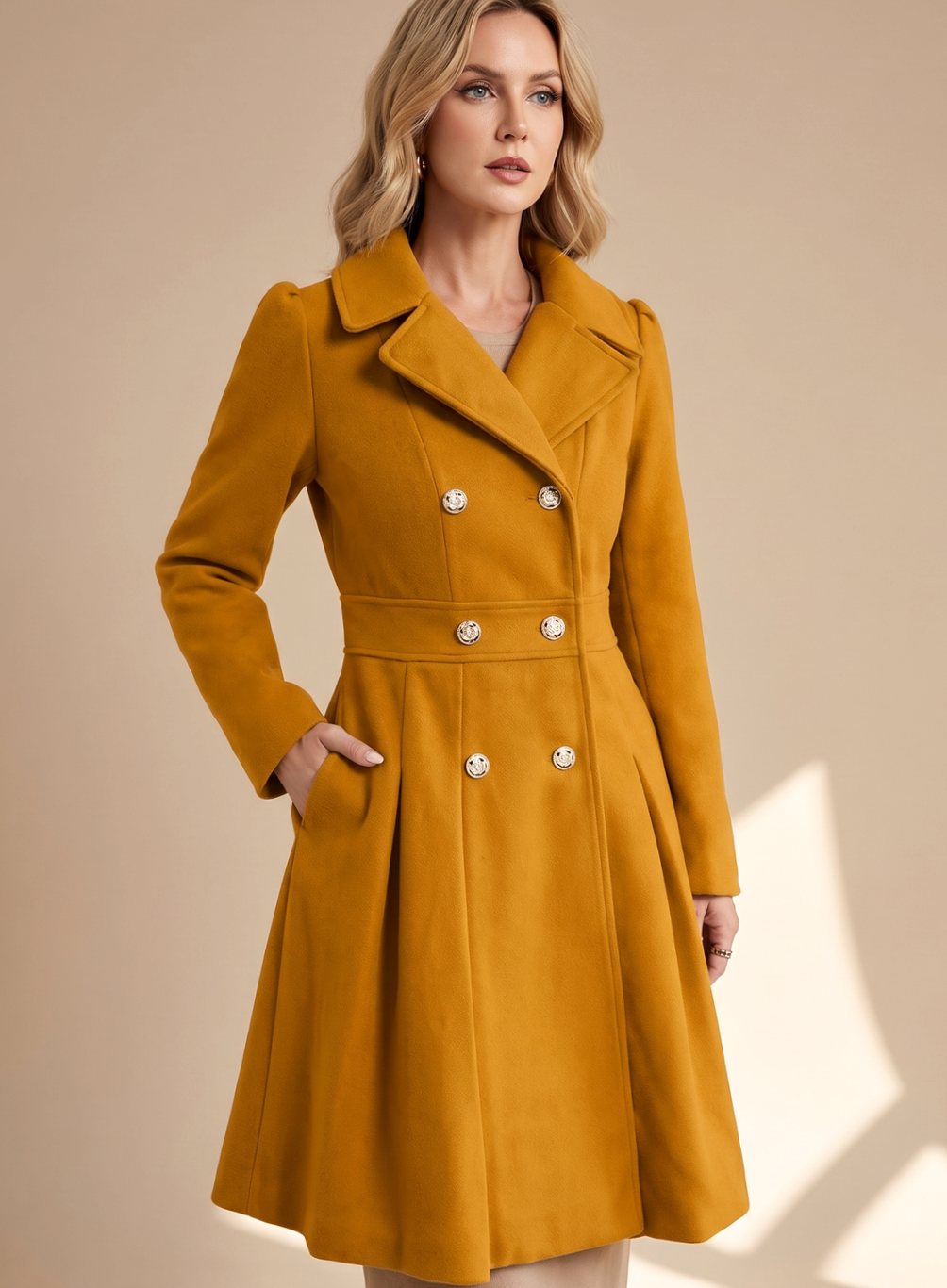 Elegant Wool Winter Trench Coat for Women with Notched Lapel Long Sleeve Double Breasted Fit and Flare Style