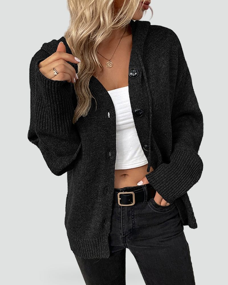 Cozy Knit Cardigan for Women with Hooded Neck Long Sleeve Button Front Relaxed Style