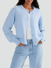 Cozy Knit Cardigan for Women with Round Neck Long Sleeve Button Front Relaxed Style