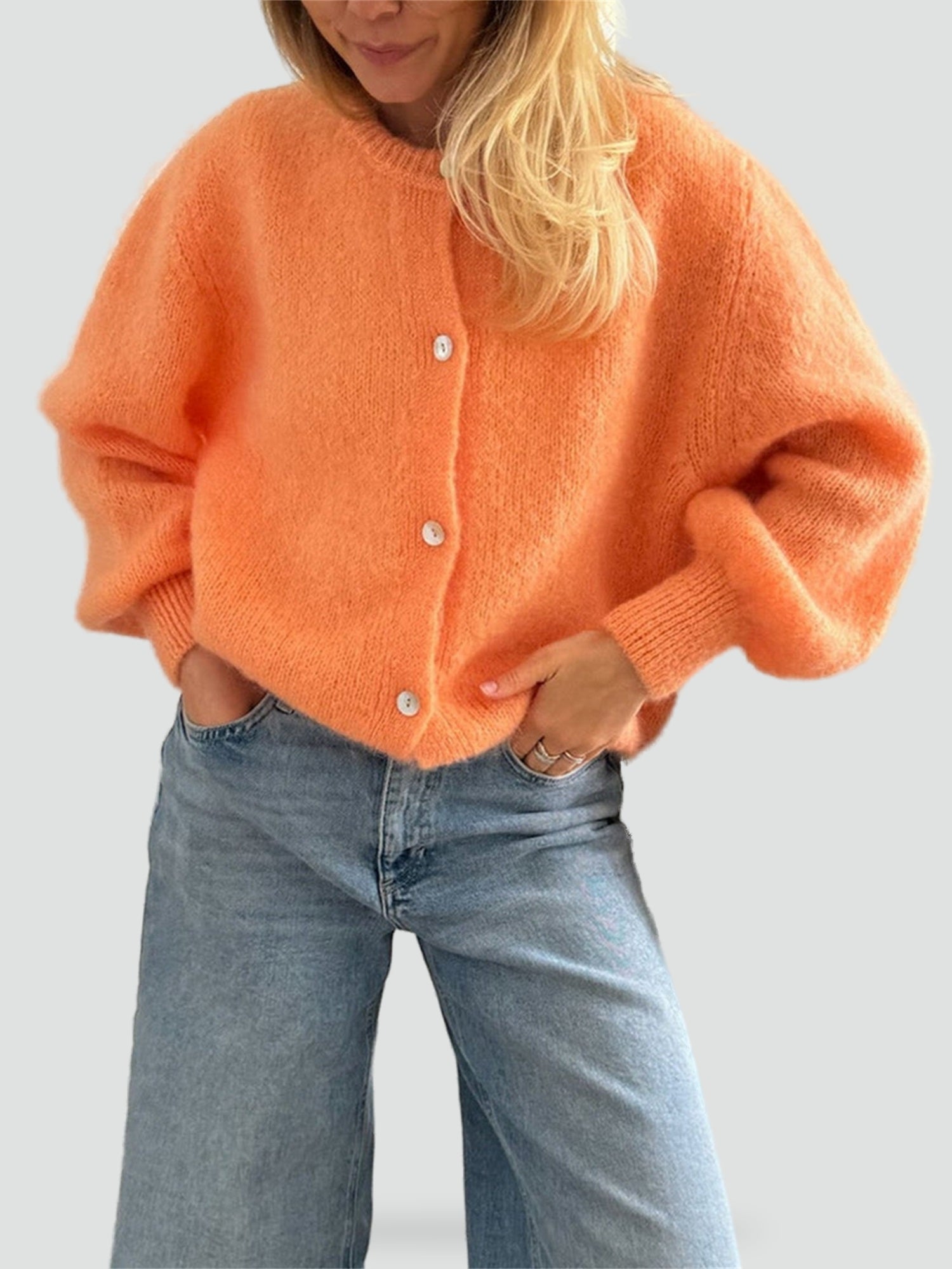 Cozy Knit Cardigan for Women with Round Neck Long Sleeve Button Front Relaxed Style