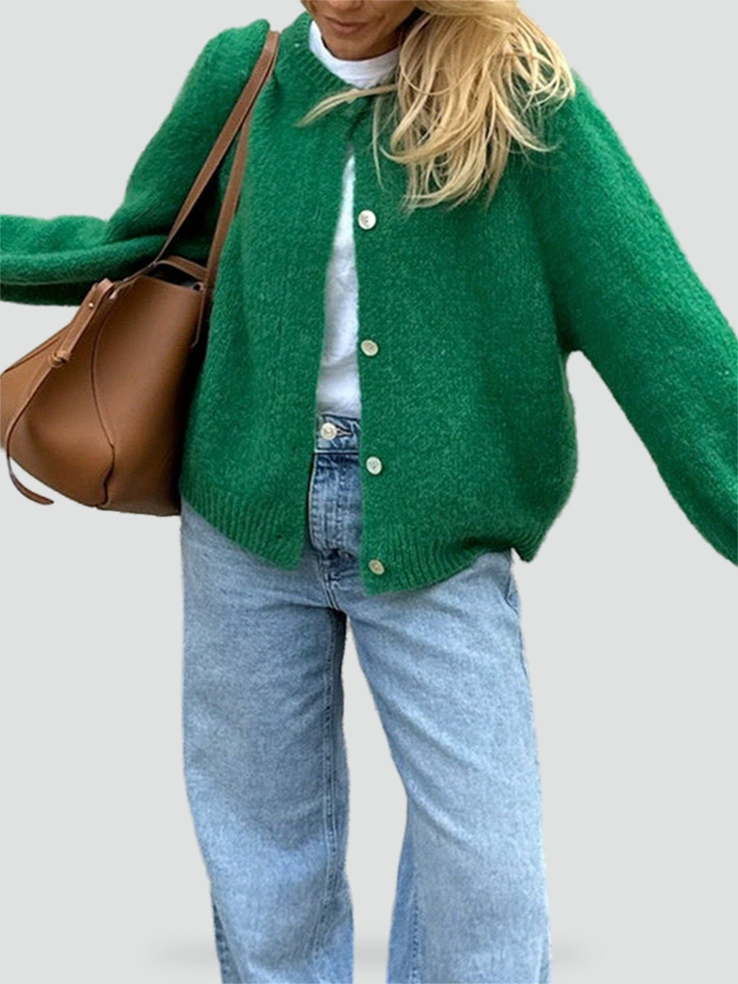 Cozy Knit Cardigan for Women with Round Neck Long Sleeve Button Front Relaxed Style