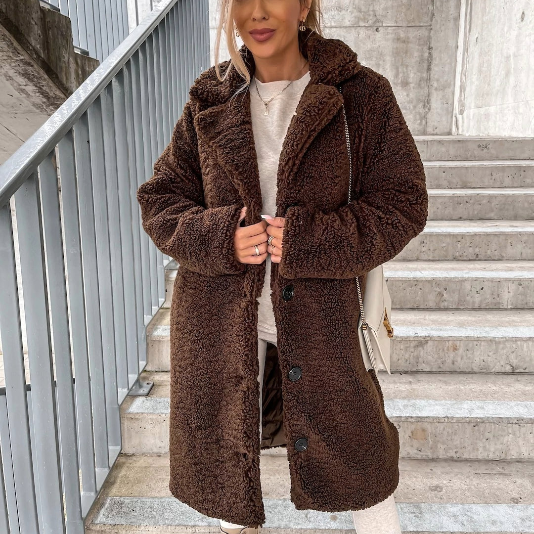 Cozy Long Teddy Coat for Women with Notched Lapel Long Sleeve Double Breasted Sherpa Style