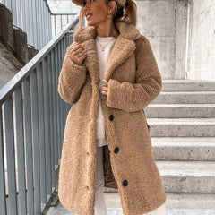 Cozy Long Teddy Coat for Women with Notched Lapel Long Sleeve Double Breasted Sherpa Style