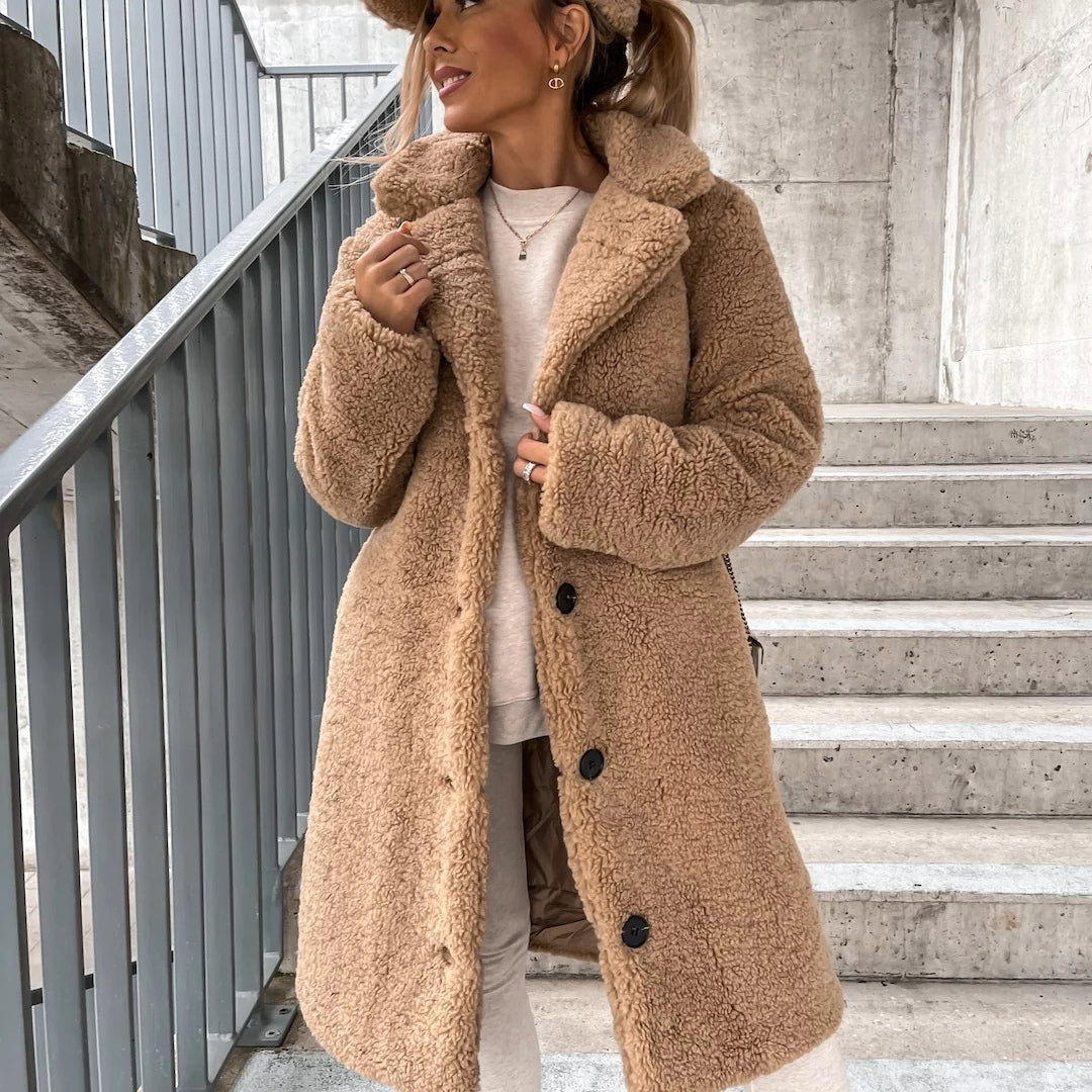 Cozy Long Teddy Coat for Women with Notched Lapel Long Sleeve Double Breasted Sherpa Style