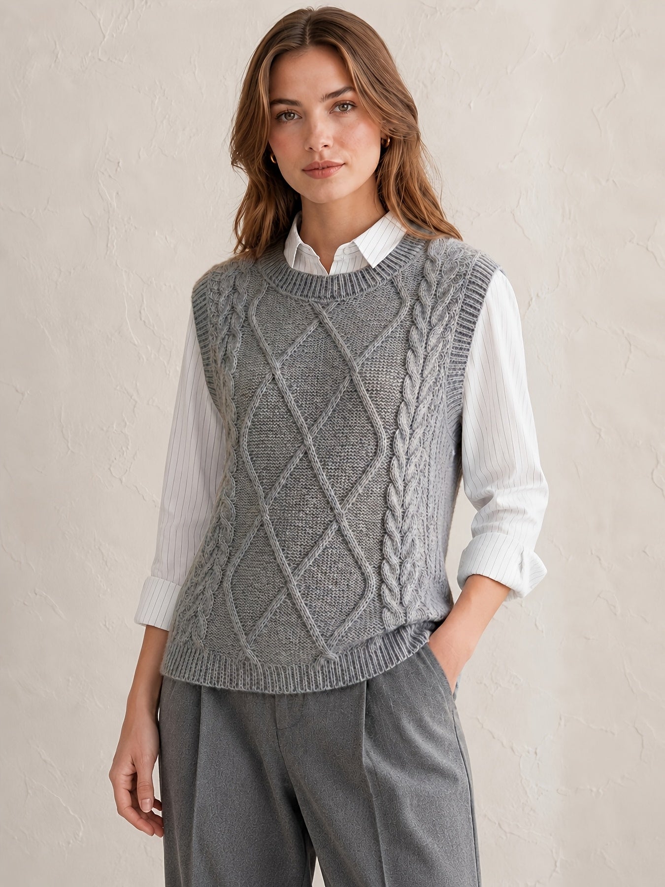 Cozy Cable Knit Sweater Vest for Women with Round Neck Sleeveless Diamond Relaxed Style