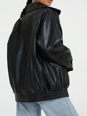 Effortless Leather Jacket for Women with Spread Collar Long Sleeve Oversized Bomber Style