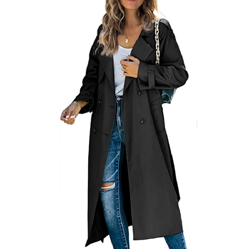 Classic Long Trench Coat for Women with Notched Lapel Long Sleeve Double Breasted Belted Style
