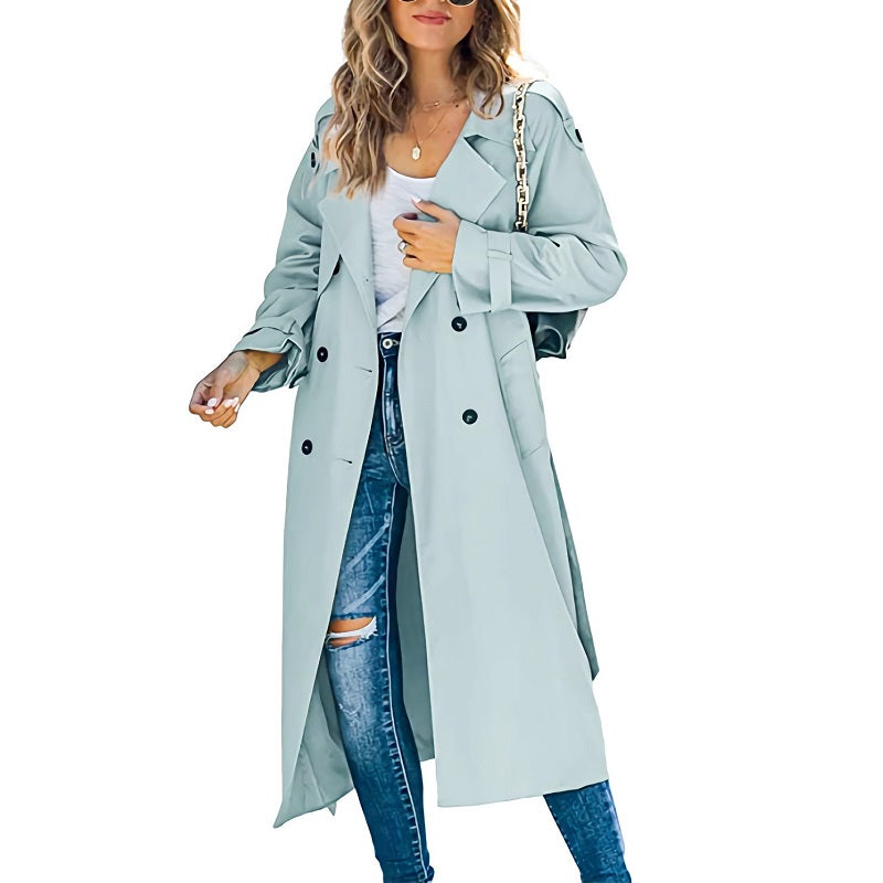Classic Long Trench Coat for Women with Notched Lapel Long Sleeve Double Breasted Belted Style