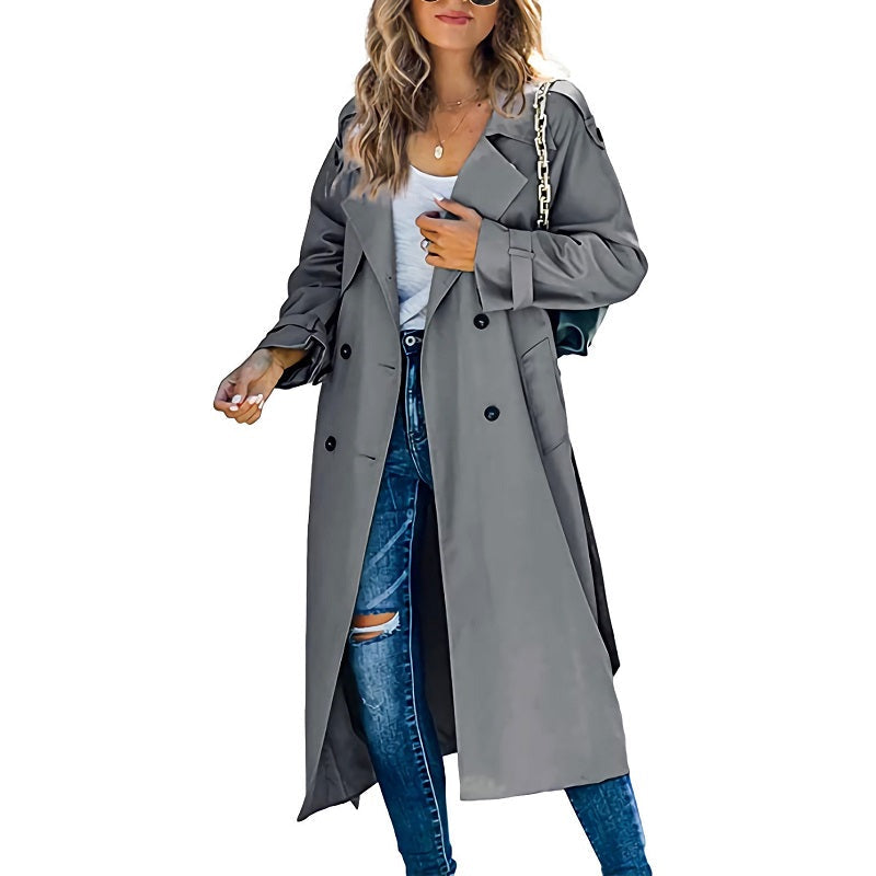 Classic Long Trench Coat for Women with Notched Lapel Long Sleeve Double Breasted Belted Style