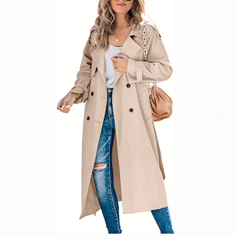 Classic Long Trench Coat for Women with Notched Lapel Long Sleeve Double Breasted Belted Style