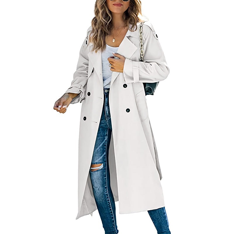 Classic Long Trench Coat for Women with Notched Lapel Long Sleeve Double Breasted Belted Style