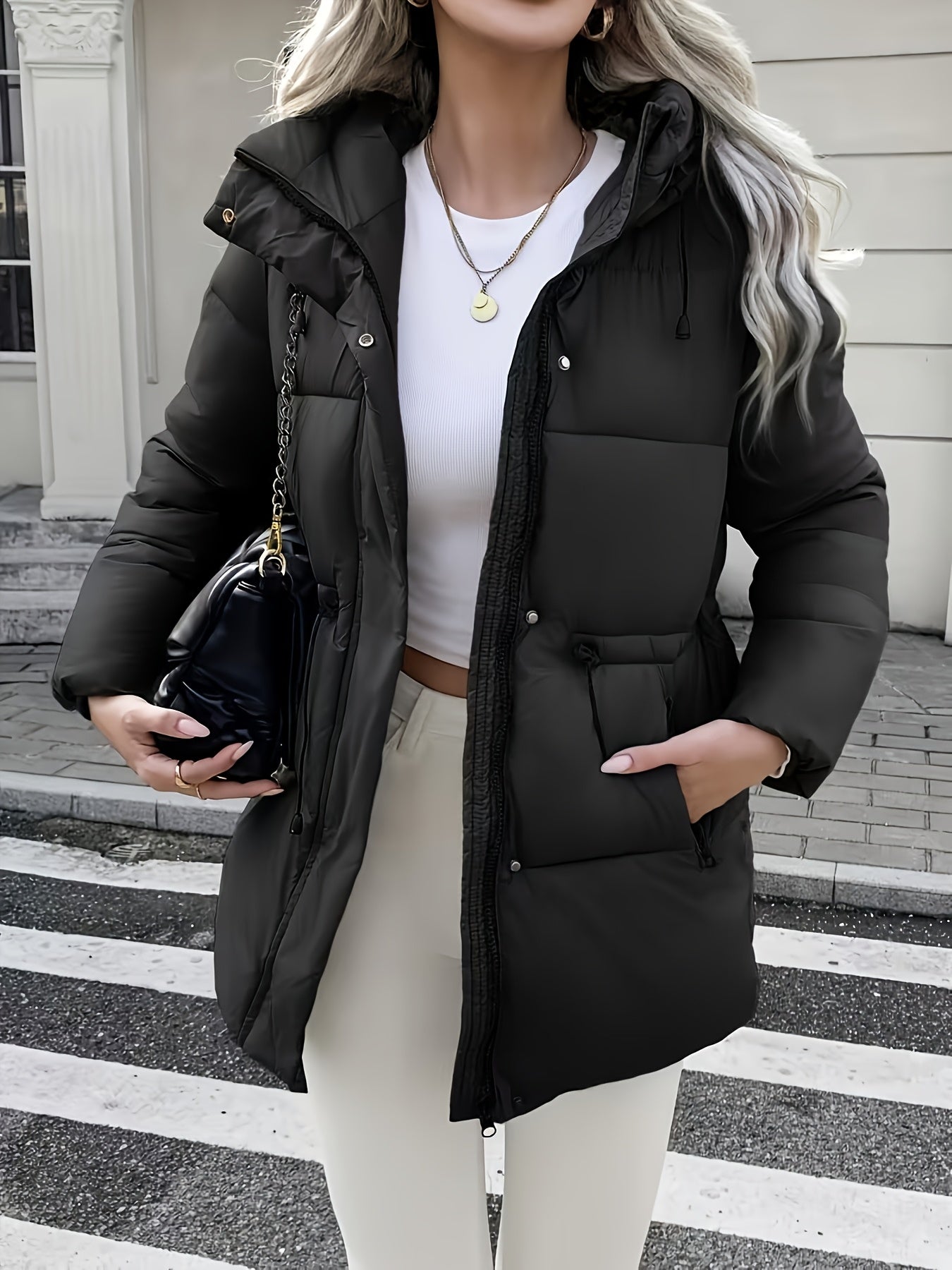 Cozy Quilted Ski Jacket for Women with Hooded Long Sleeve Drawstring Waist Zip Pocket Style